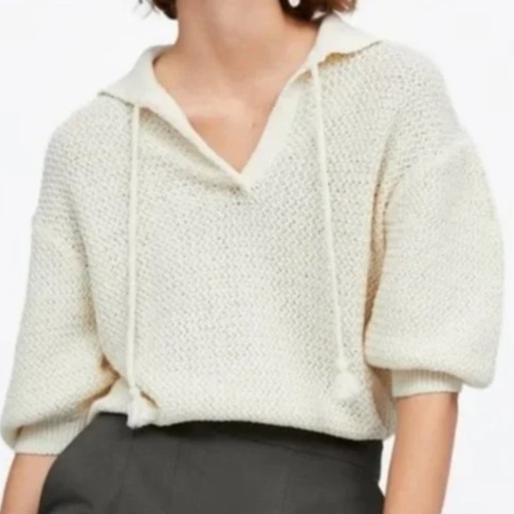 Zara Knitted Polo Pullover Cream White Pullover Puff Sleeve Tassel Sweater Large